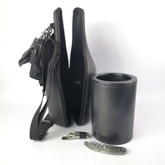 Caddy O Genuine Leather Wine Carrying Tote Case With Chiller / Zip Black Leather - Picture 2 of 10